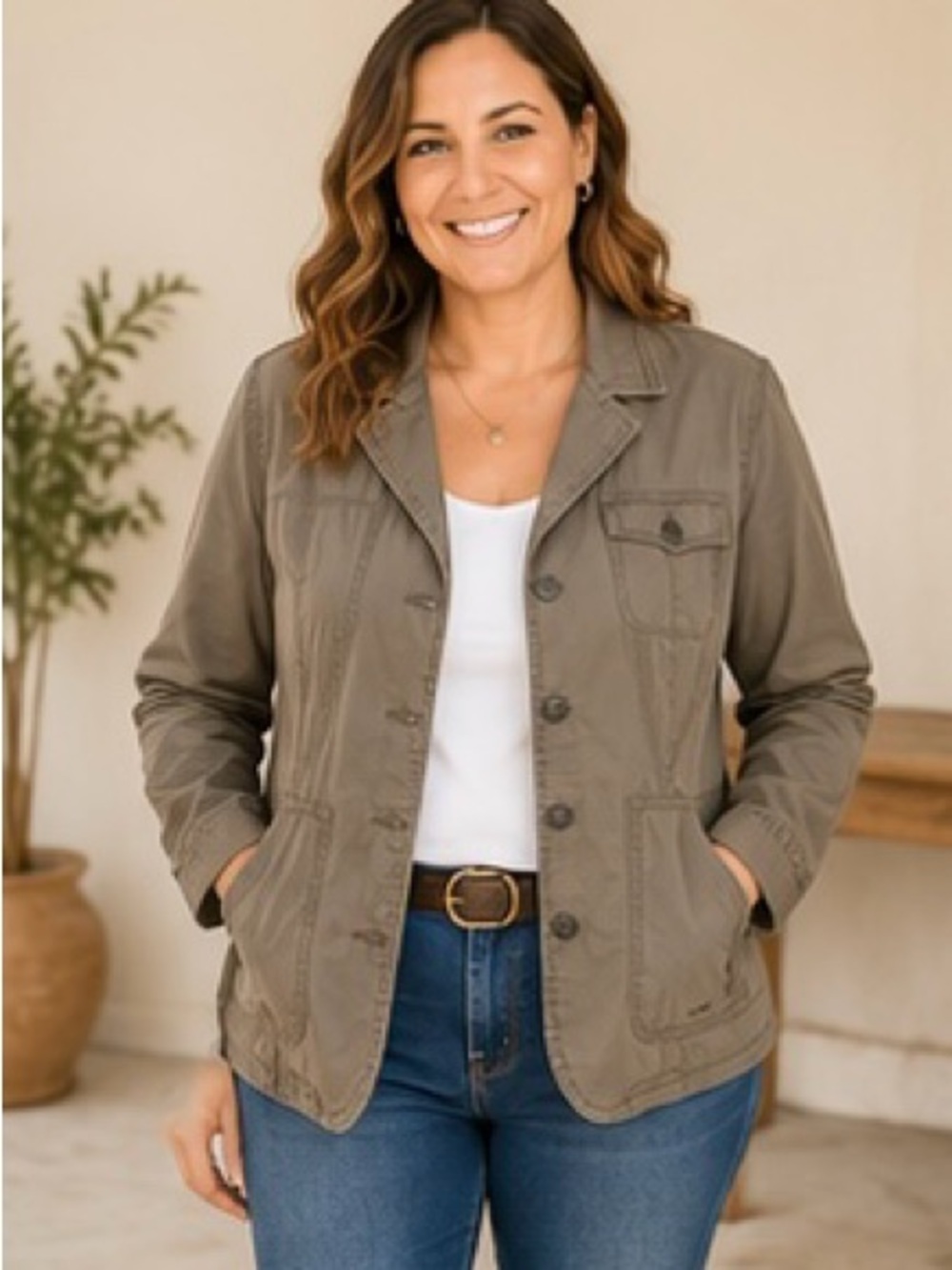Cecil Olive Utility Jacket Lightweight Military Safari Style Size XL